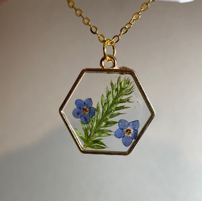 Clubmoss + Forget-Me-Not Hexagon Necklace