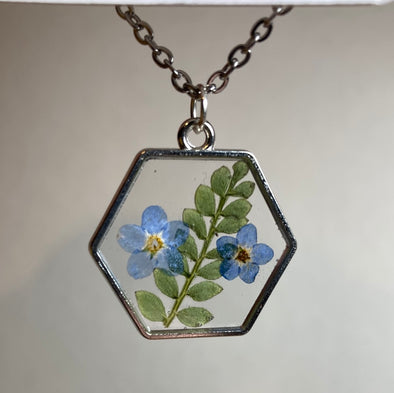 Beautiful Jacob's Ladder Leaf + Forget-Me-Not Hexagon Necklace