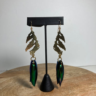 Brass and Beetle Wing Set Design #4 Earrings