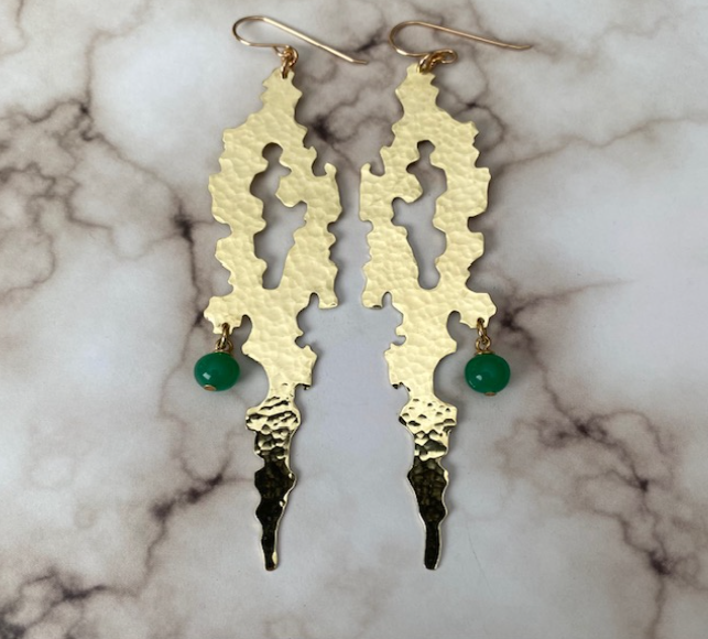 Brass Design Style #21 Earrings (Brass w/ Green Bead)