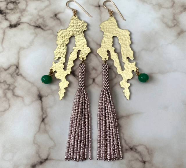 Brass Design Style #13 Earrings ( Brass w/ Green Bead and Metallic Tassel)