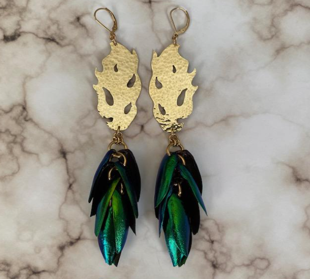 Brass and Beetle Wing Design Style #5B Earrings