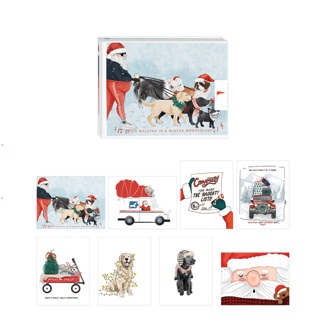 Santa & Dogs Assorted Greeting Cards - Set of 8